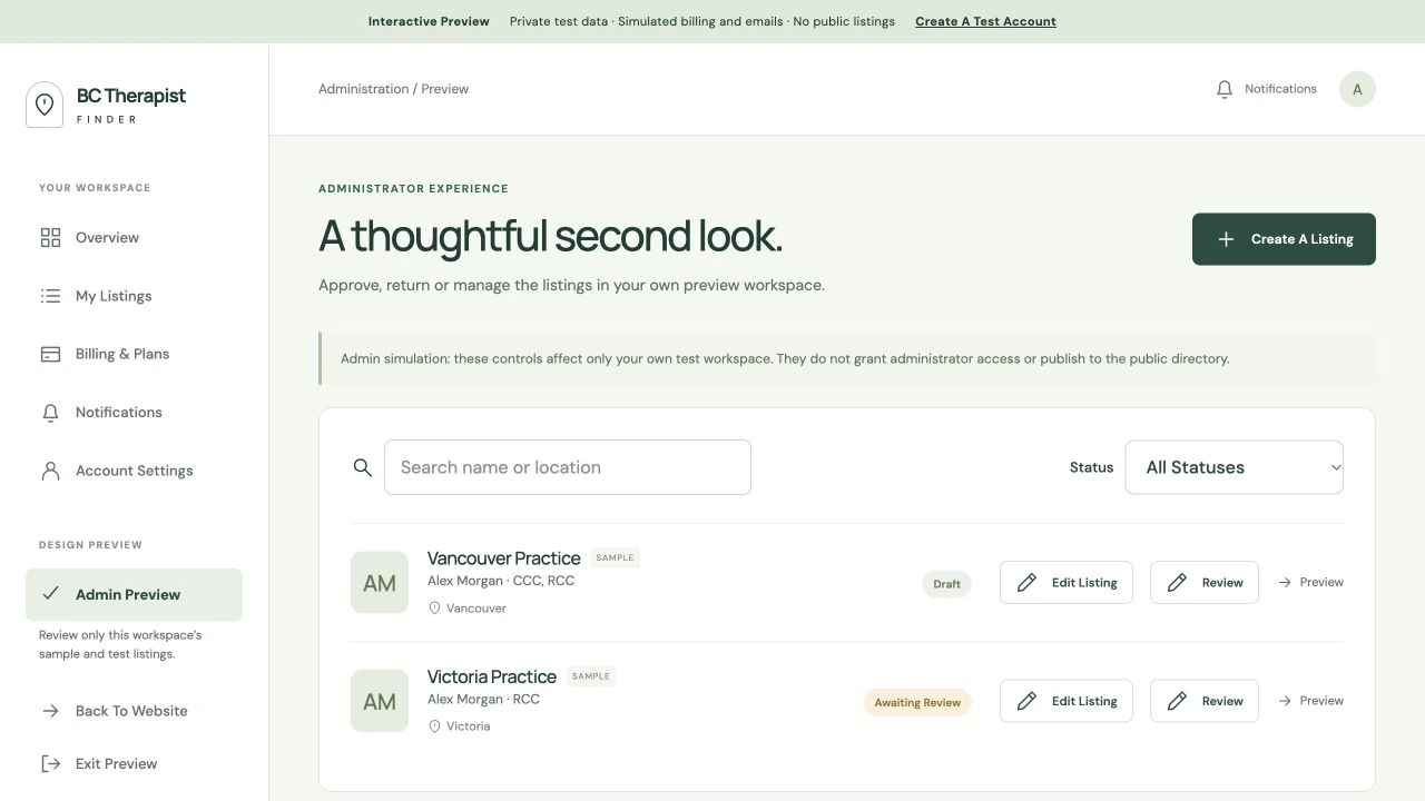 Administrator demo dashboard showing sample listings, status filters, and controls to edit and review profiles.