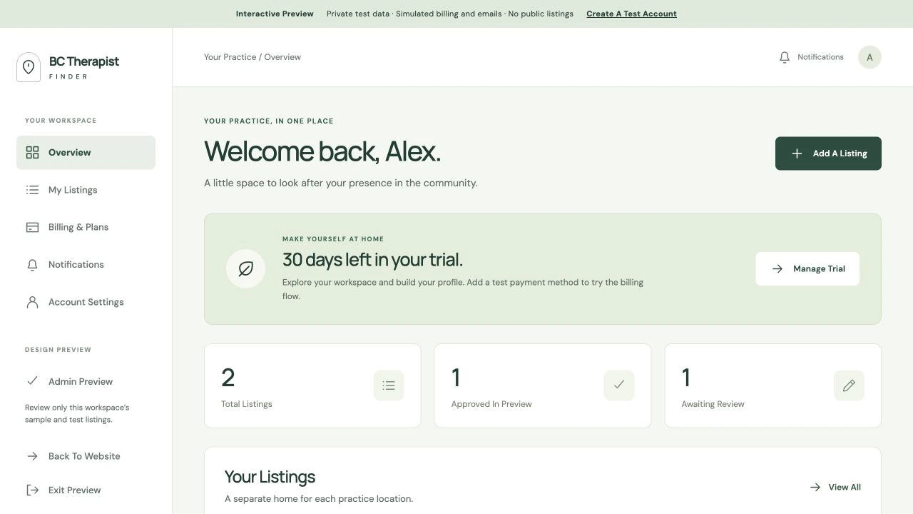 Therapist demo dashboard with listing totals, review status, and navigation for listings, billing, notifications, and account settings.