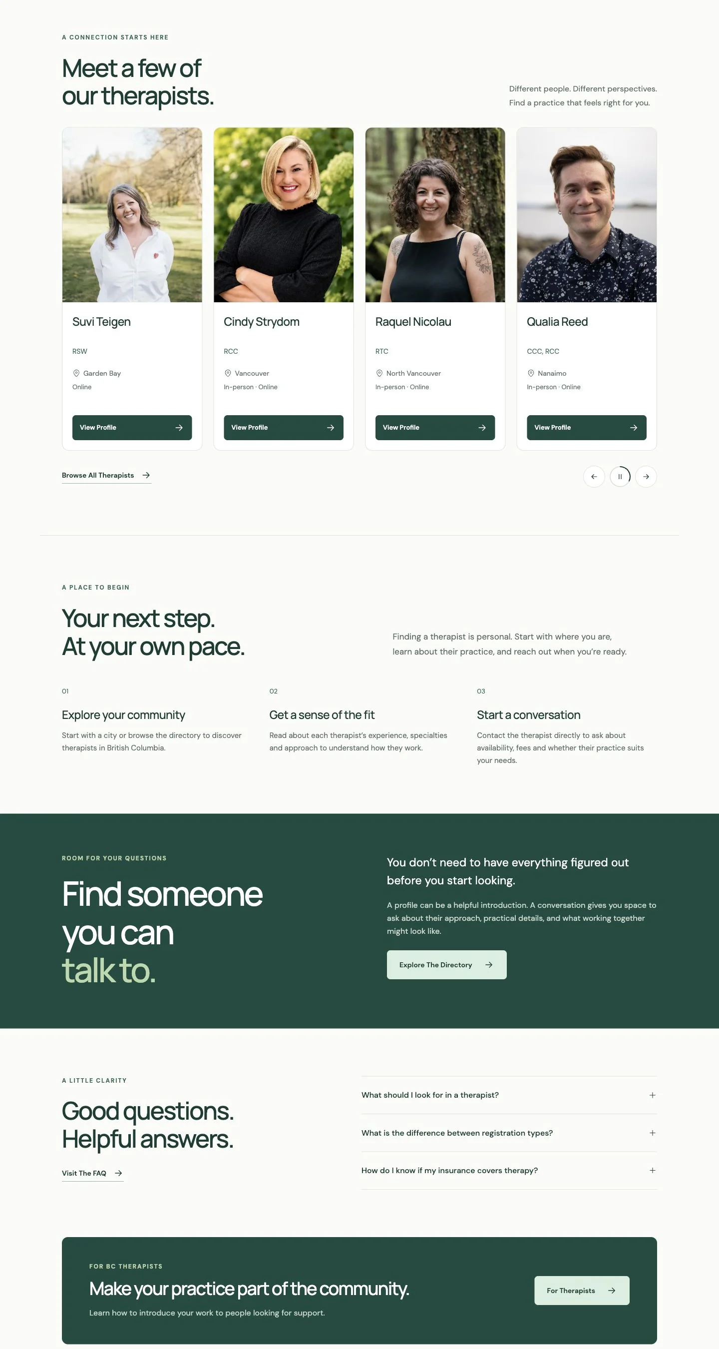 BC Therapist Finder: The homepage’s therapist discovery cards, showing portraits and practice details. Desktop view.