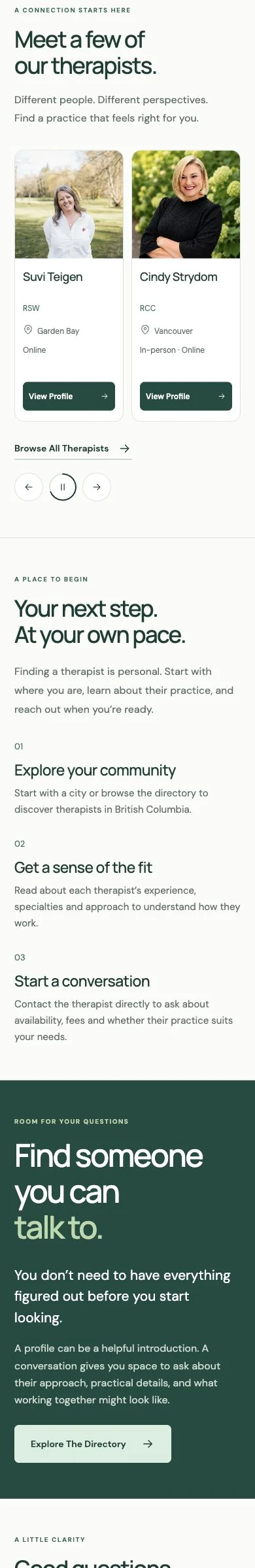 BC Therapist Finder: The homepage’s therapist discovery cards, showing portraits and practice details. Mobile view.