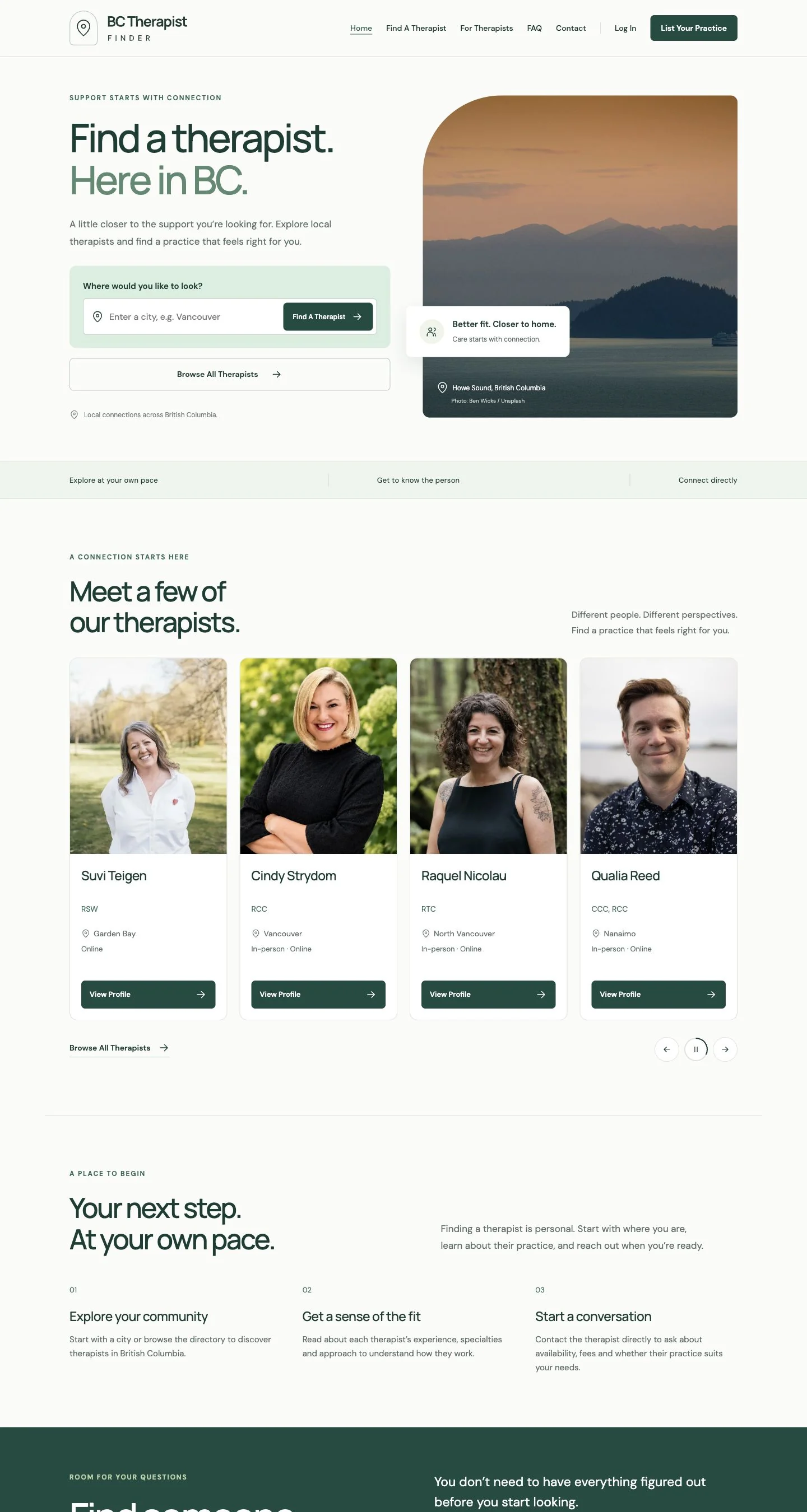 BC Therapist Finder homepage at desktop size
