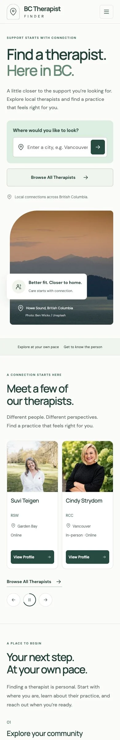 BC Therapist Finder homepage with its mobile navigation and layout
