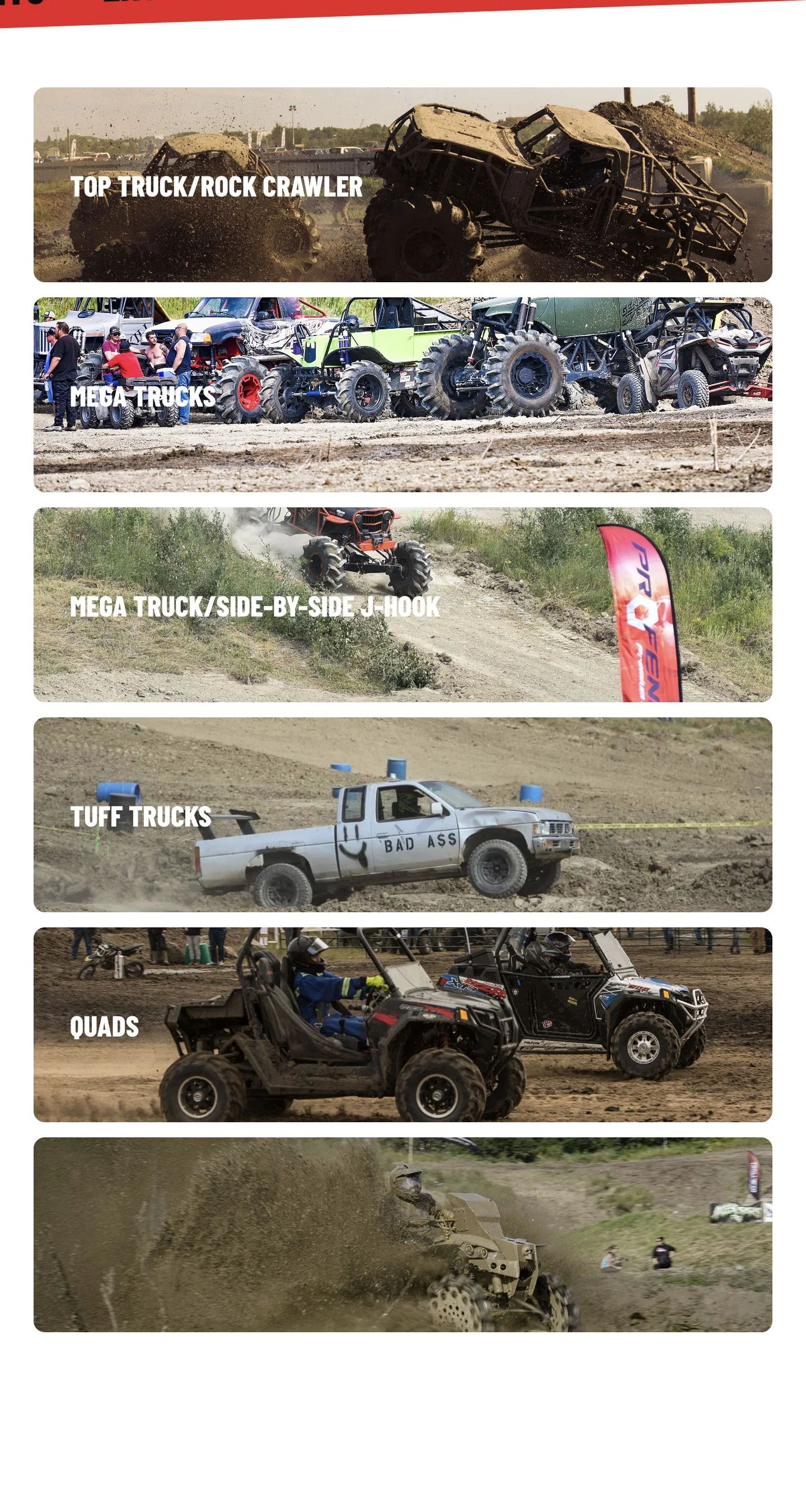 Extreme Mudfest: Image-led motorsport cards on the Cold Lake festival website. Desktop view.