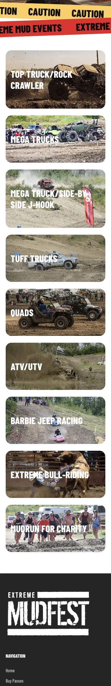Extreme Mudfest: Image-led motorsport cards on the Cold Lake festival website. Mobile view.