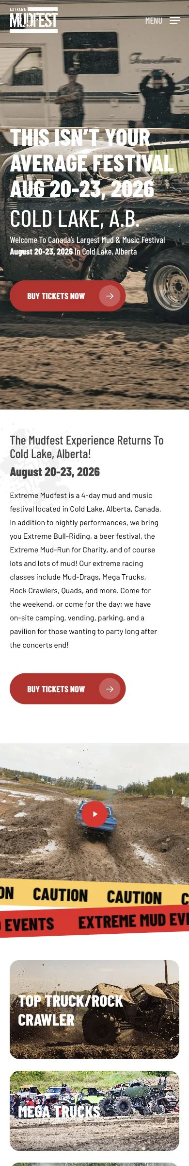 Extreme Mudfest homepage with its mobile navigation and layout