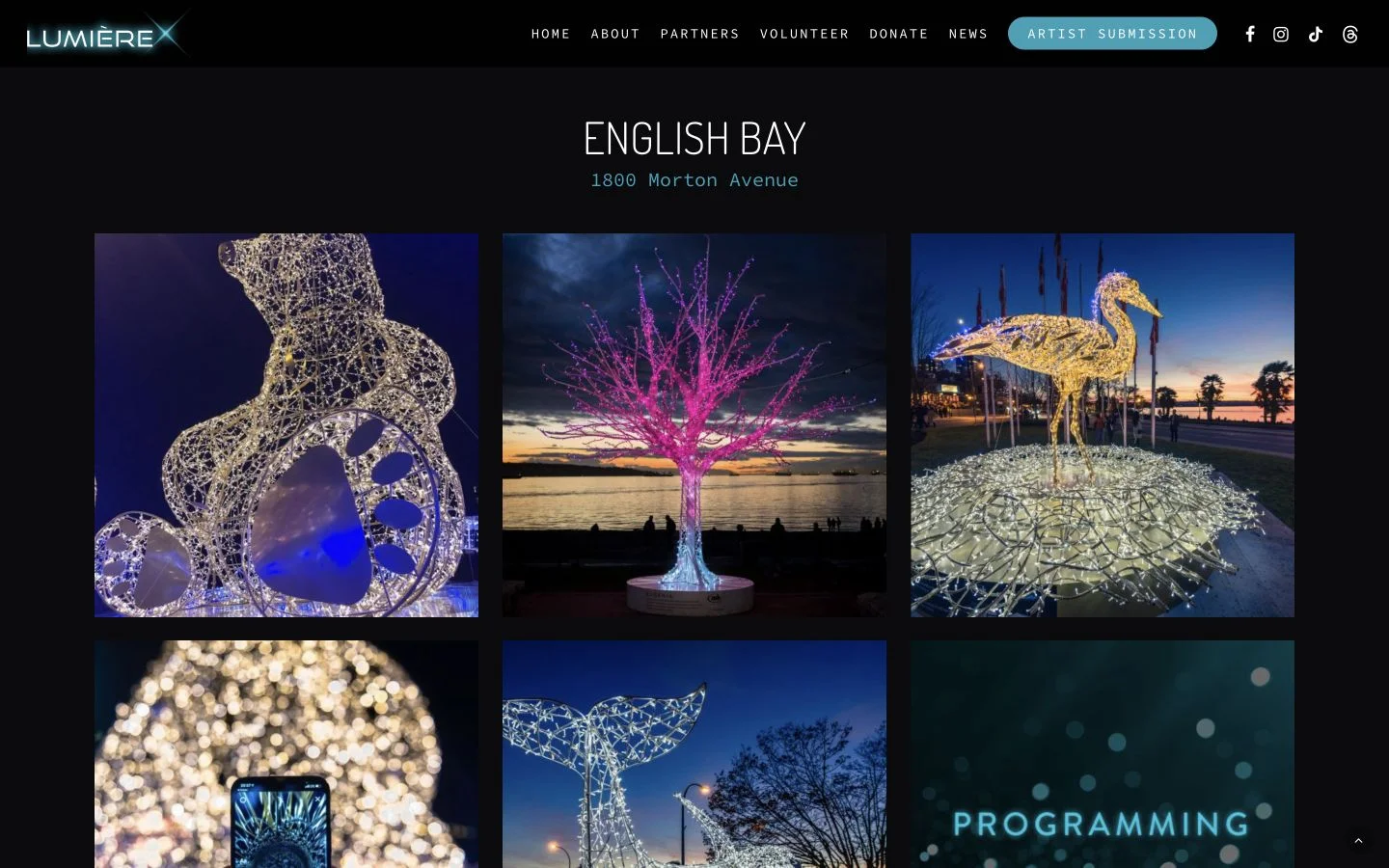 Lumière Vancouver: The 2021 festival archive, showcasing illuminated artworks at English Bay. Desktop view.