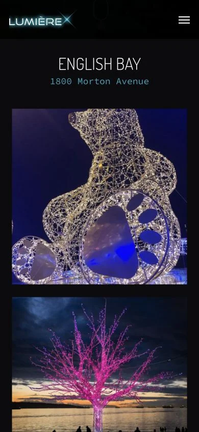 Lumière Vancouver: The 2021 festival archive, showcasing illuminated artworks at English Bay. Mobile view.