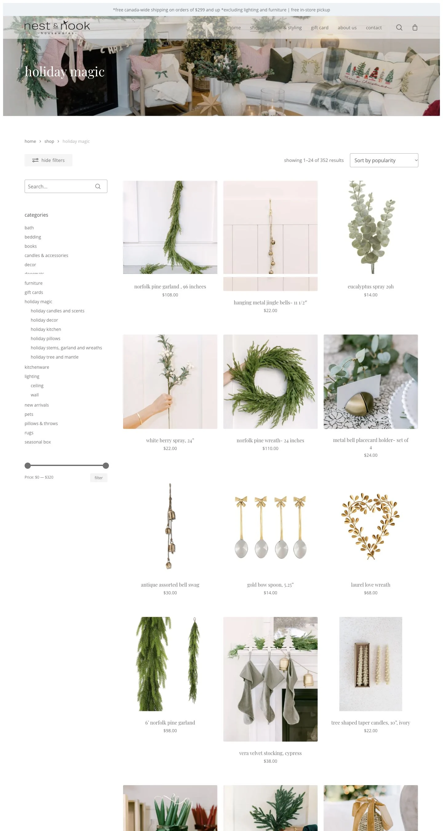 Nest & Nook Housewares: Nest & Nook’s seasonal product collection, presented in a responsive shopping grid. Desktop view.