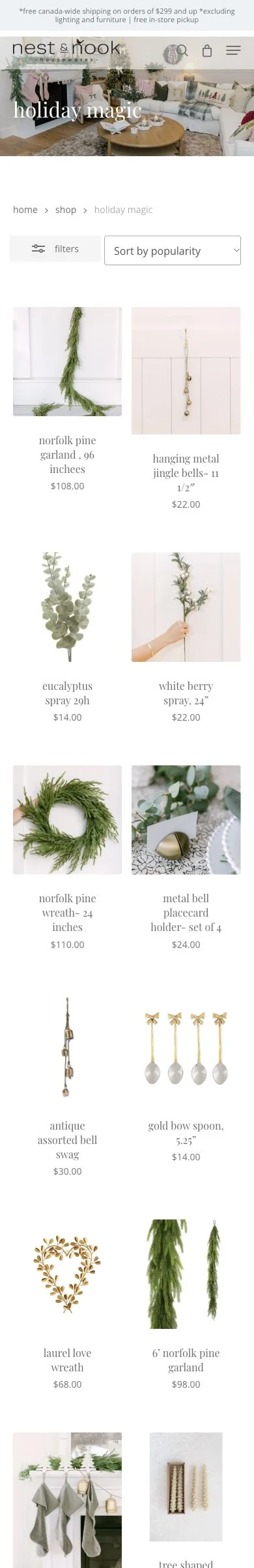 Nest & Nook Housewares: Nest & Nook’s seasonal product collection, presented in a responsive shopping grid. Mobile view.