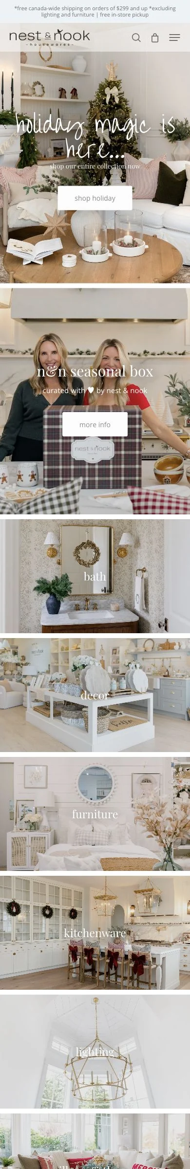 Nest & Nook Housewares homepage with its mobile navigation and layout