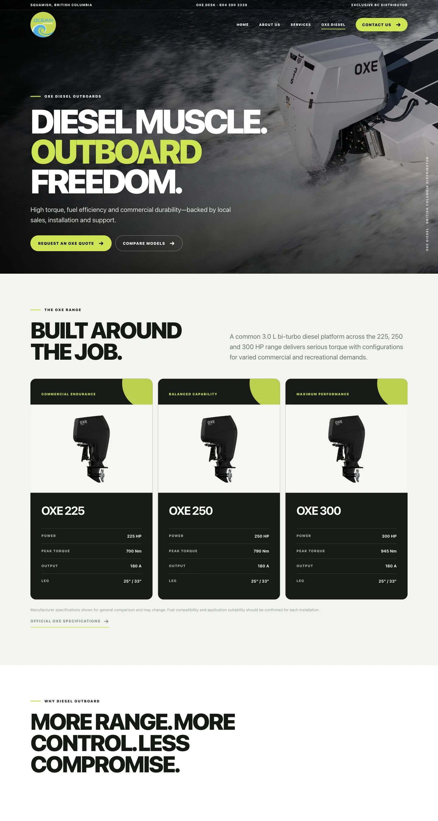 Ocean Marine BC: The OXE Diesel feature, combining equipment photography with focused product information. Desktop view.
