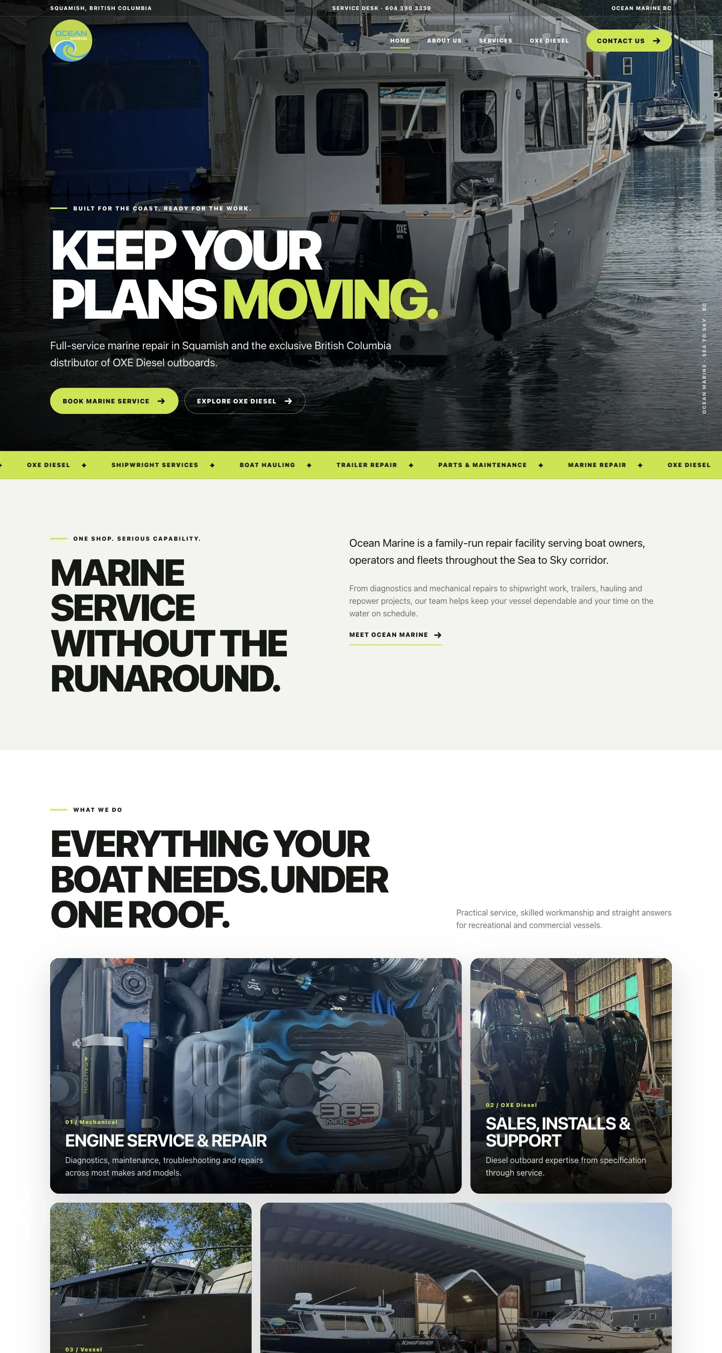 Ocean Marine BC homepage at desktop size