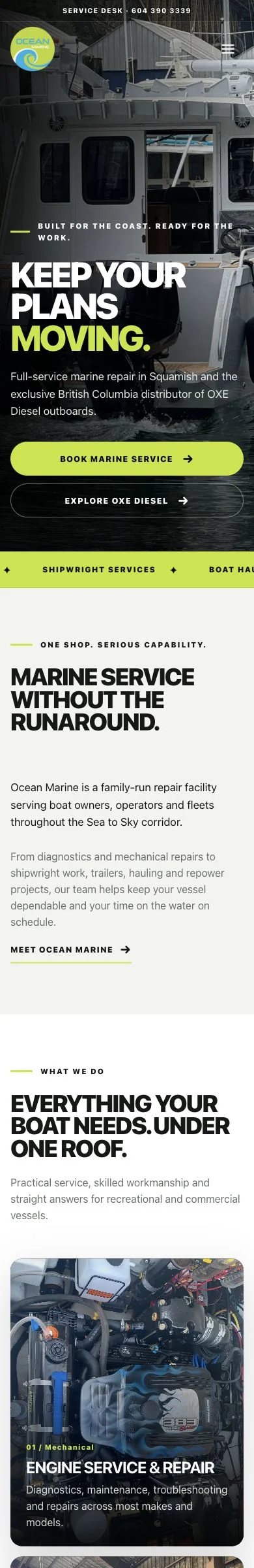 Ocean Marine BC homepage with its mobile navigation and layout