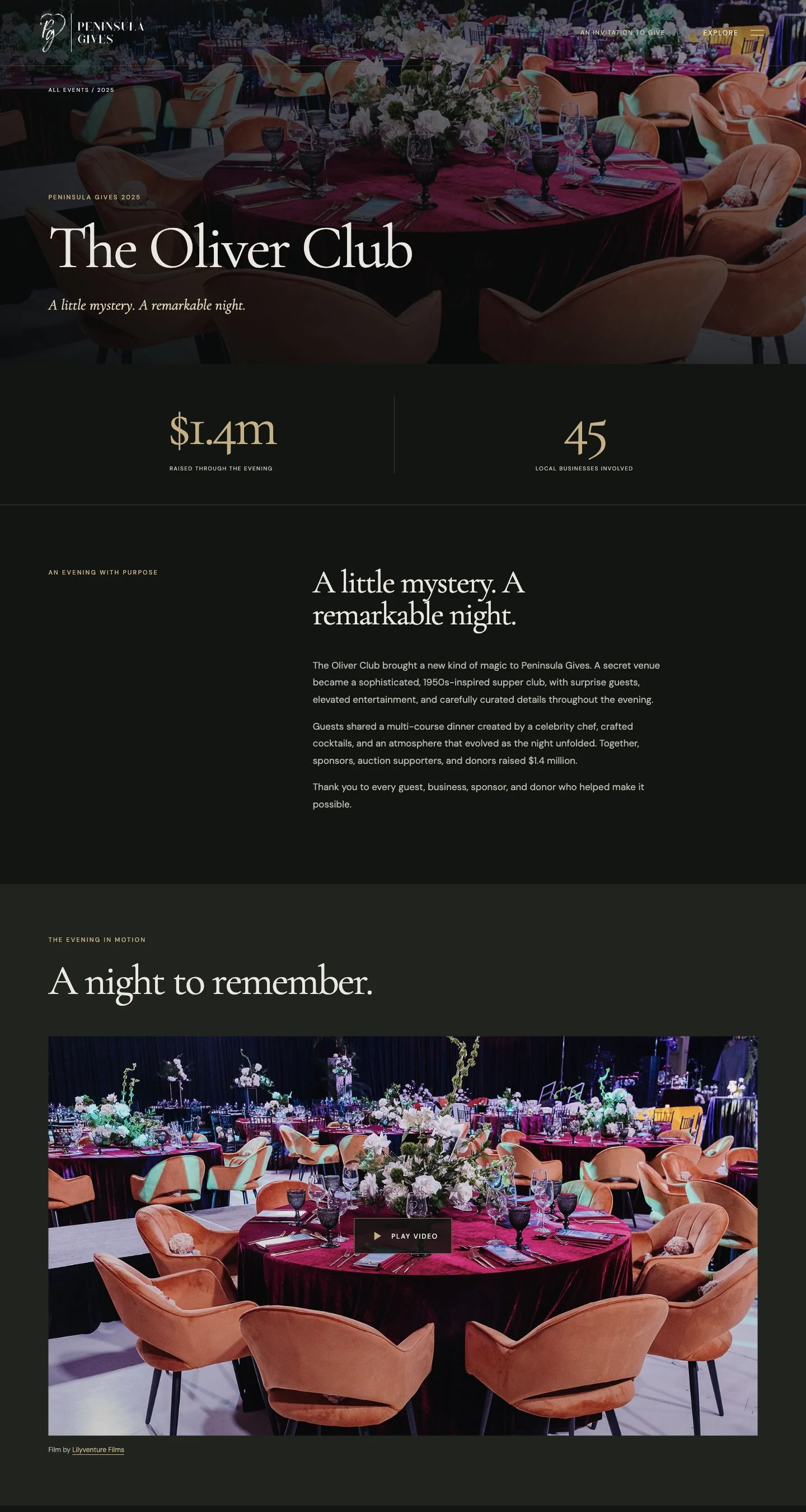 Peninsula Gives: The Oliver Club event story and film section on Peninsula Gives. Desktop view.