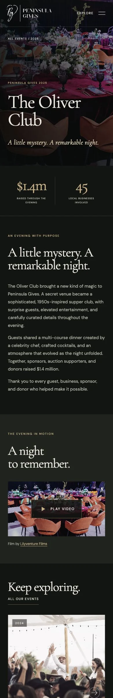 Peninsula Gives: The Oliver Club event story and film section on Peninsula Gives. Mobile view.