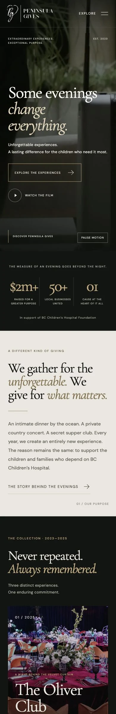 Peninsula Gives homepage with its mobile navigation and layout