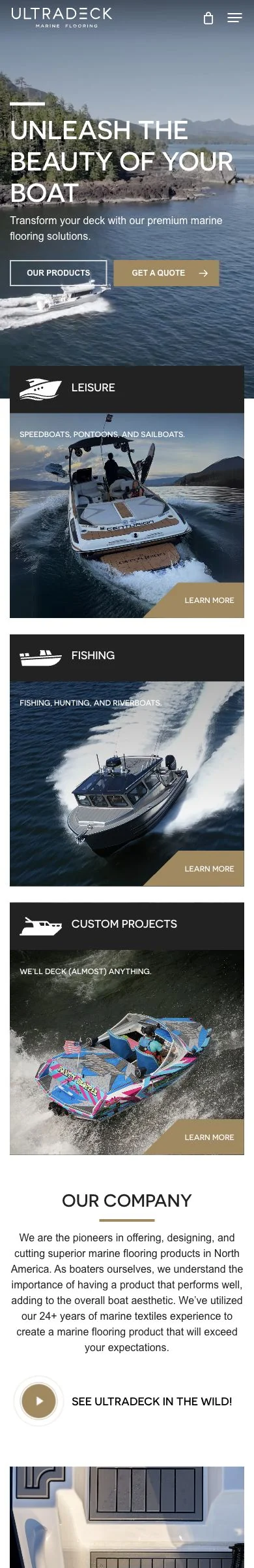 UltraDeck homepage with its mobile navigation and layout