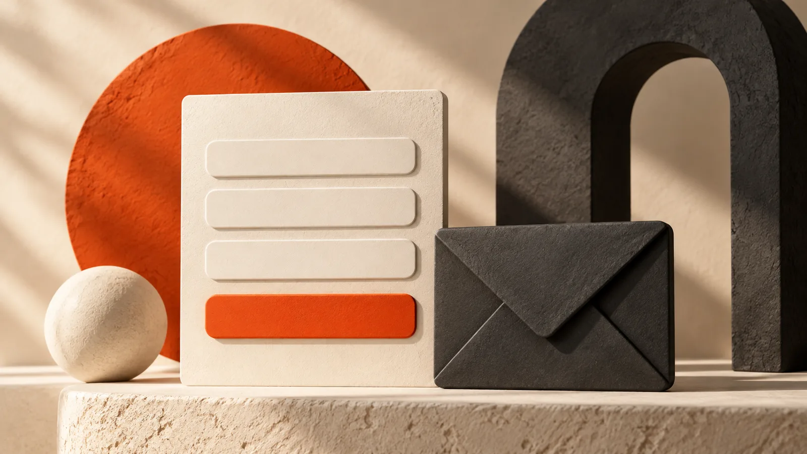 A cream form panel and charcoal envelope with orange accents.