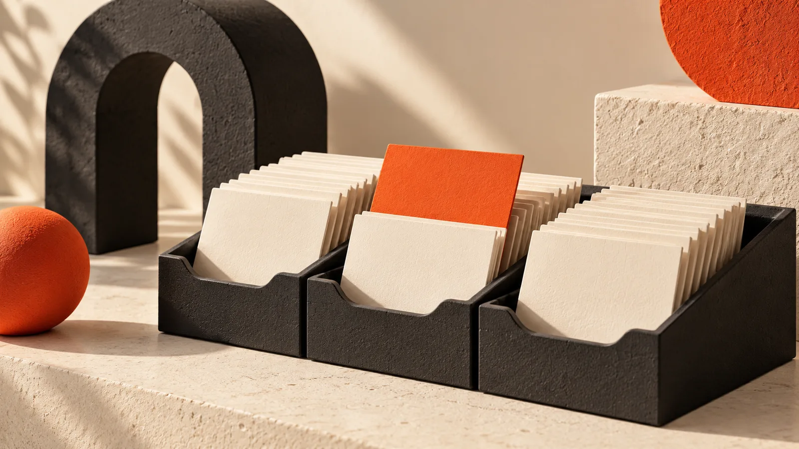 Cream paper cards organised in charcoal trays with an orange highlighted card.