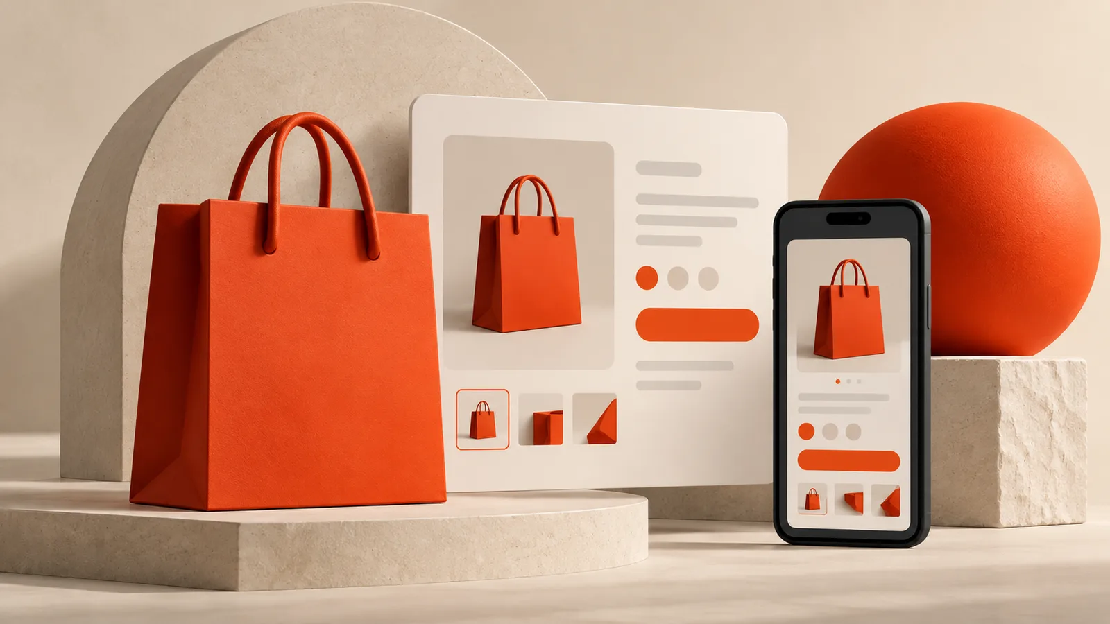 Product pages that answer before they sell. — abstract orange, charcoal and cream editorial illustration