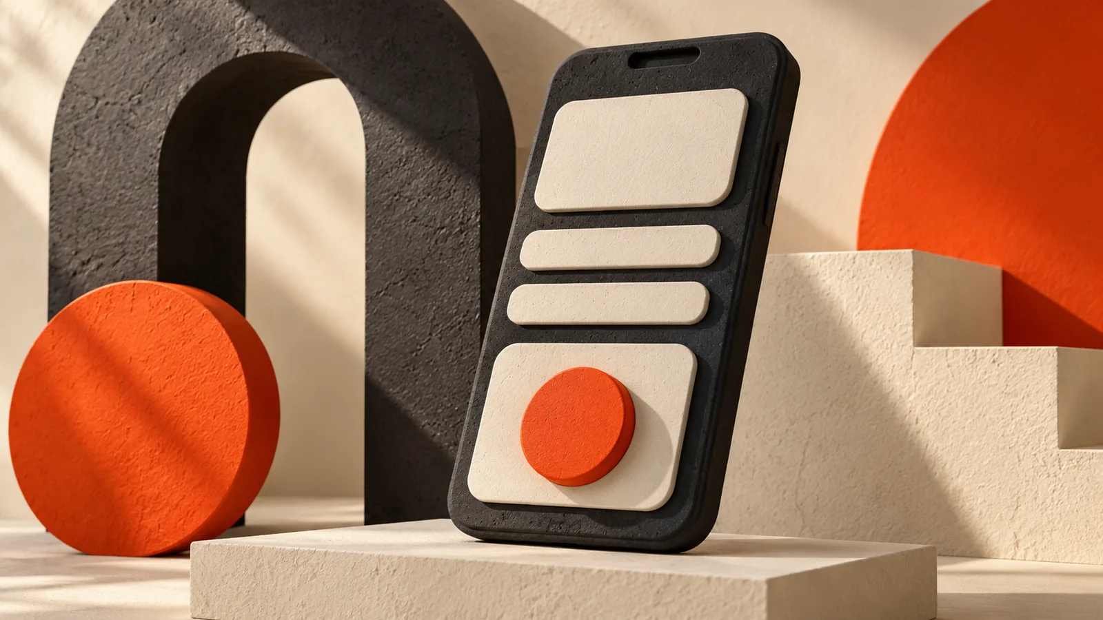 A charcoal smartphone sculpture with cream panels and an orange button.