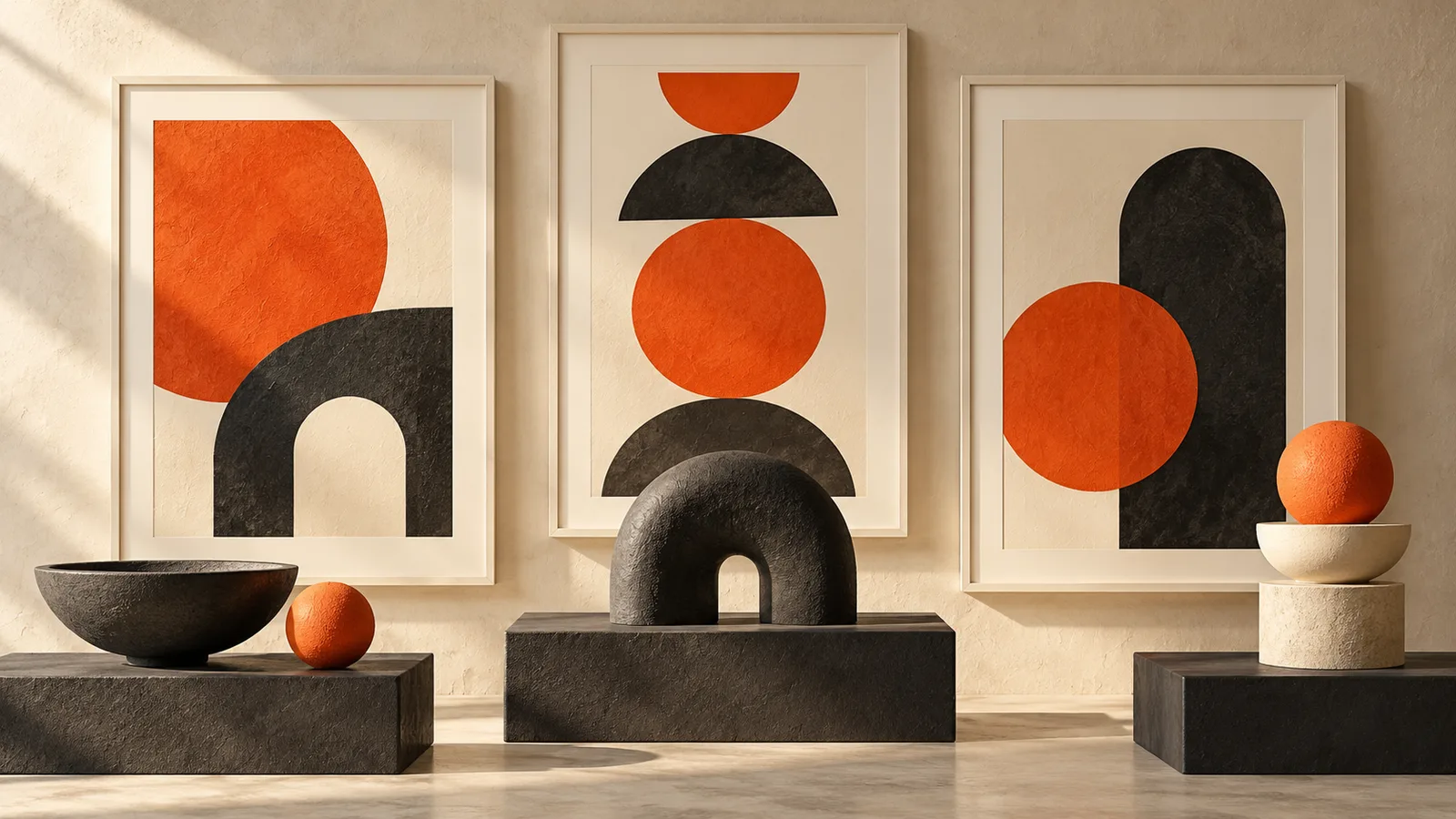 Cream exhibition frames displaying orange compositions on charcoal plinths.