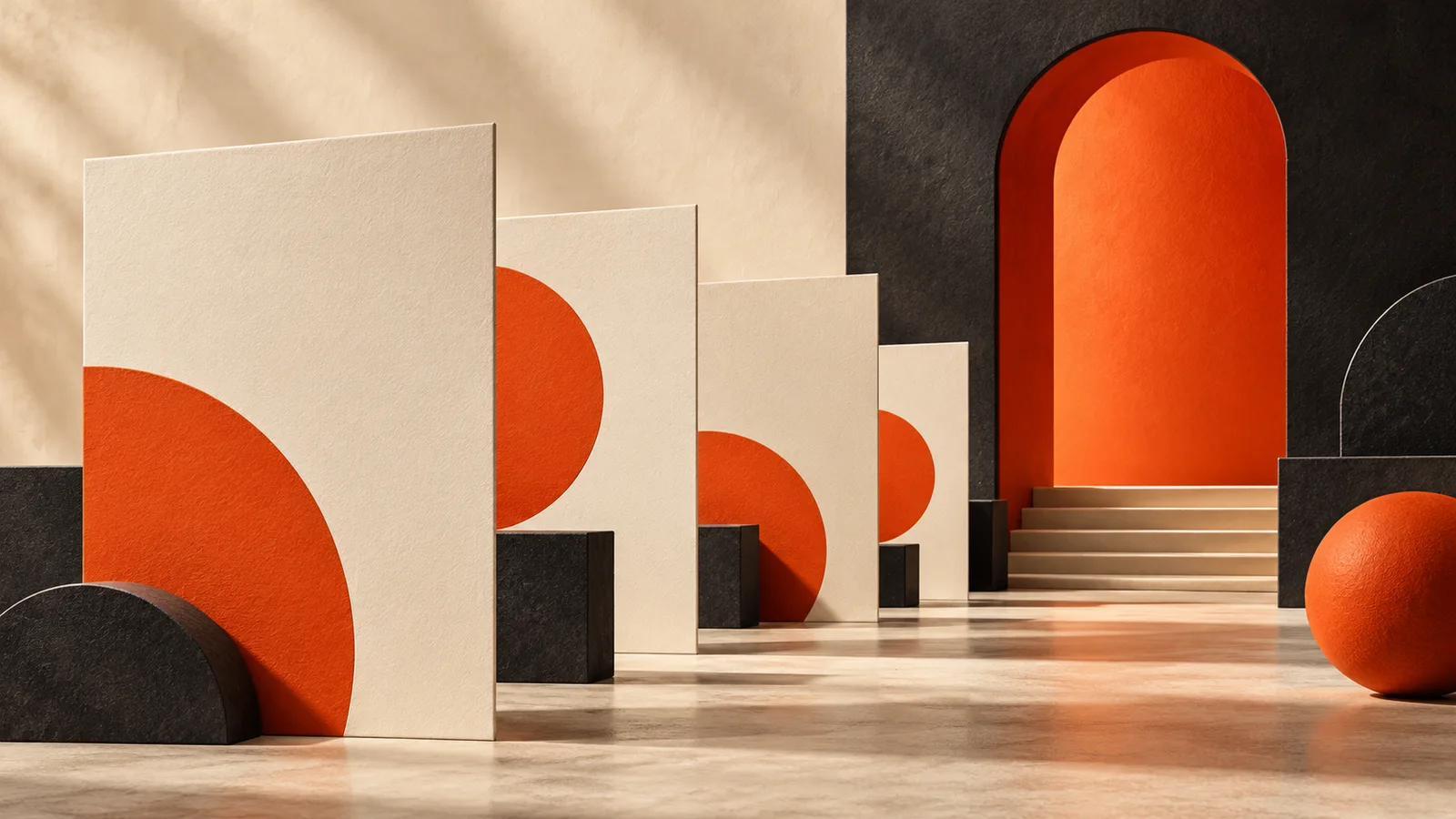 Cream editorial panels leading toward an orange doorway.