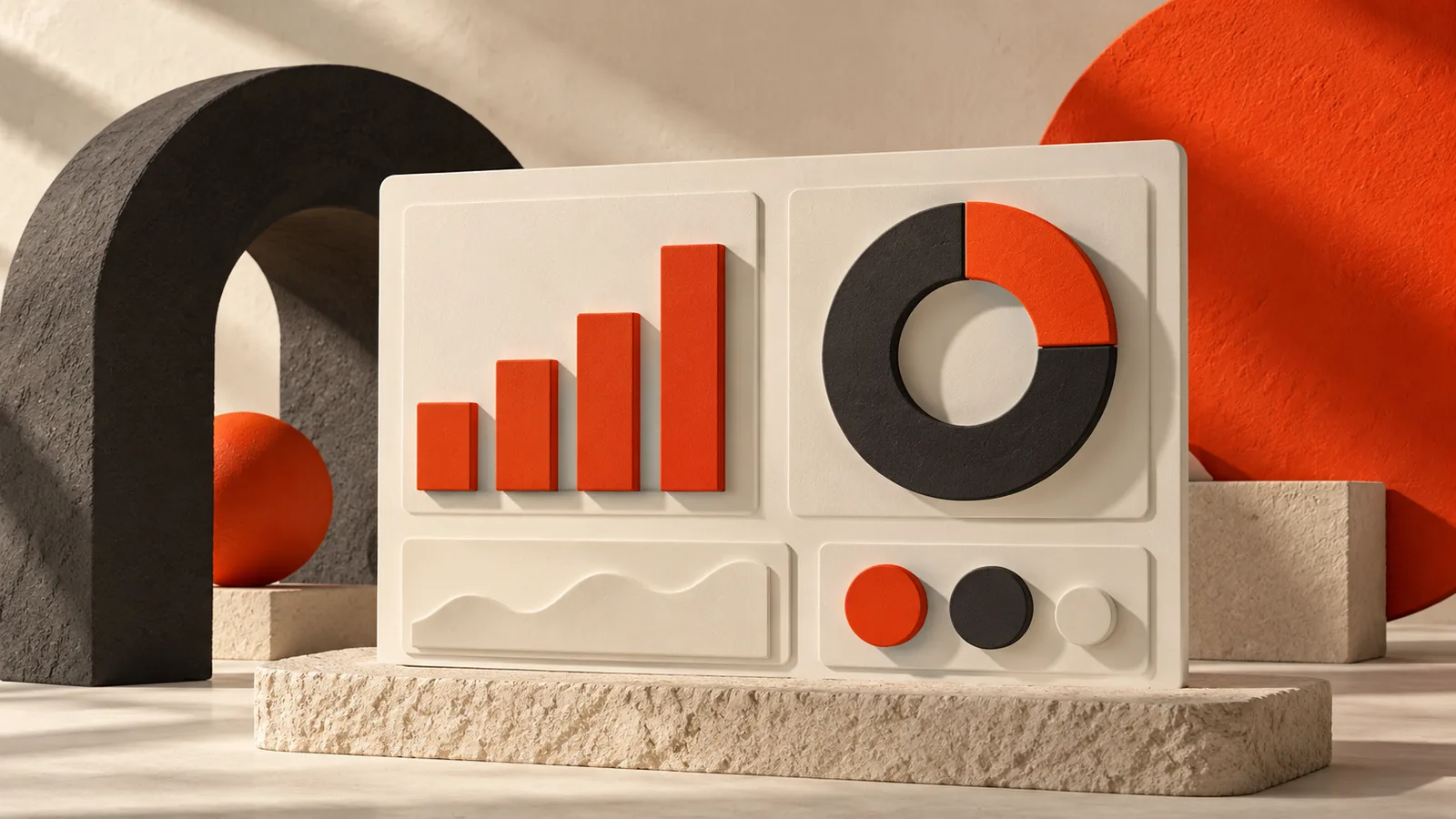 A cream dashboard sculpture with orange bars and a charcoal circular chart.