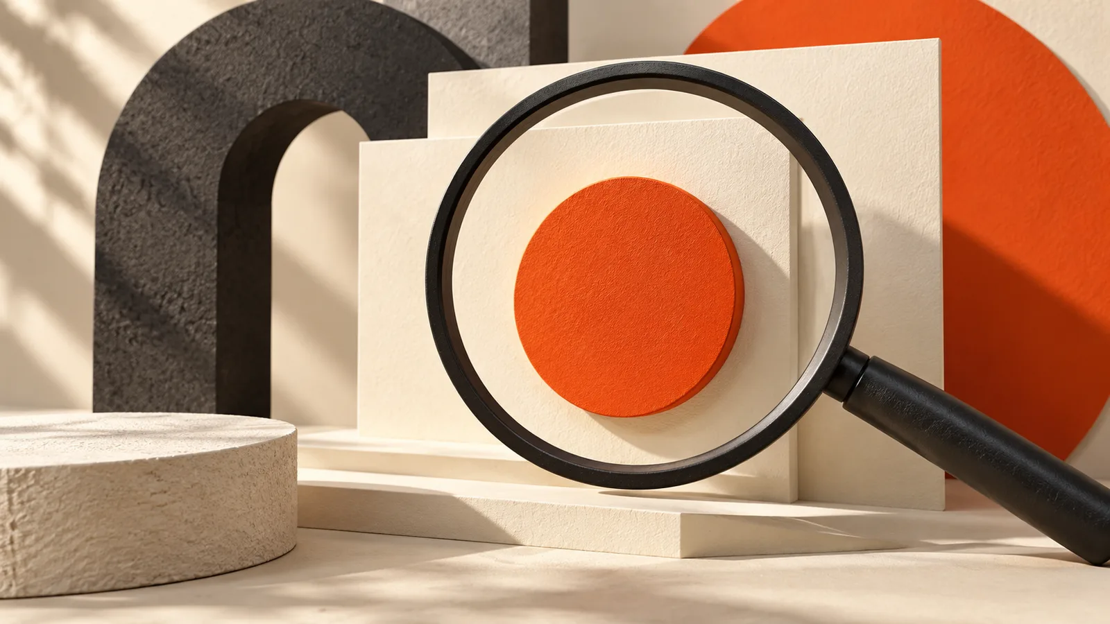 A charcoal magnifying glass framing an orange disc against cream page panels.