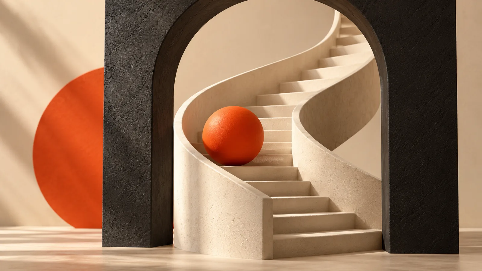 An orange sphere climbing a cream spiral staircase through a charcoal arch.