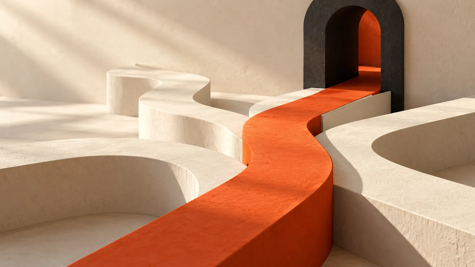 An orange path through cream branching walkways toward a charcoal arch.