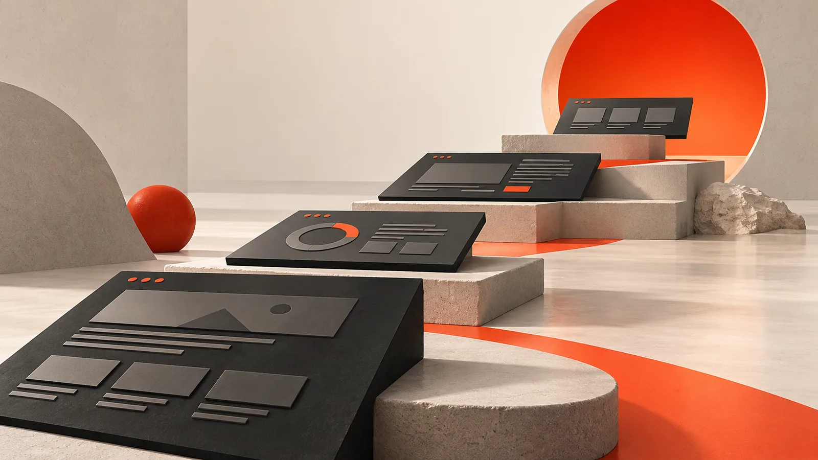 A better website starts before design. — abstract orange, charcoal and cream editorial illustration